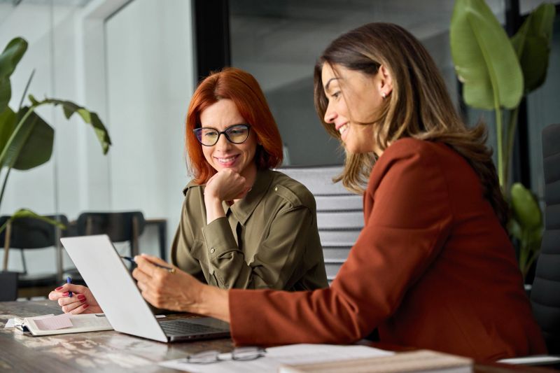 Two professional women collaborating at a desk